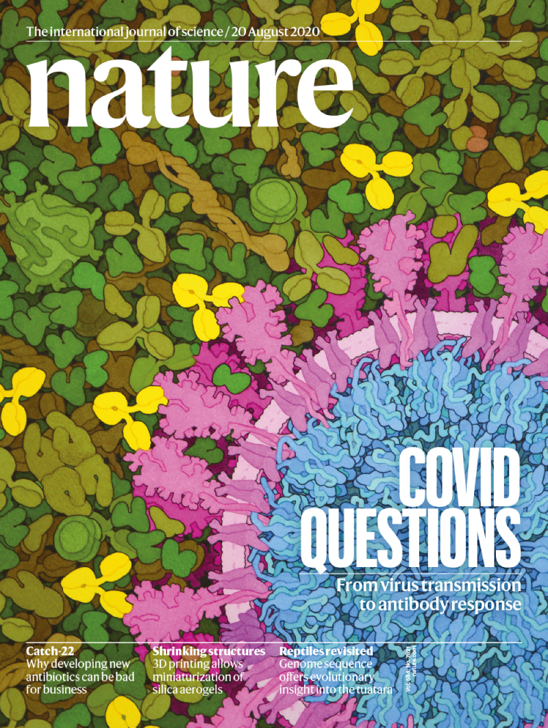 Nature 封面以病毒插画呈现 Covid questions 主题的示例